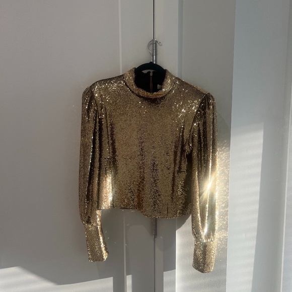 A.L.C. Margaret Sequin Mock Neck Top Gold - New with Tags Size 12 - Picture 2 of 4